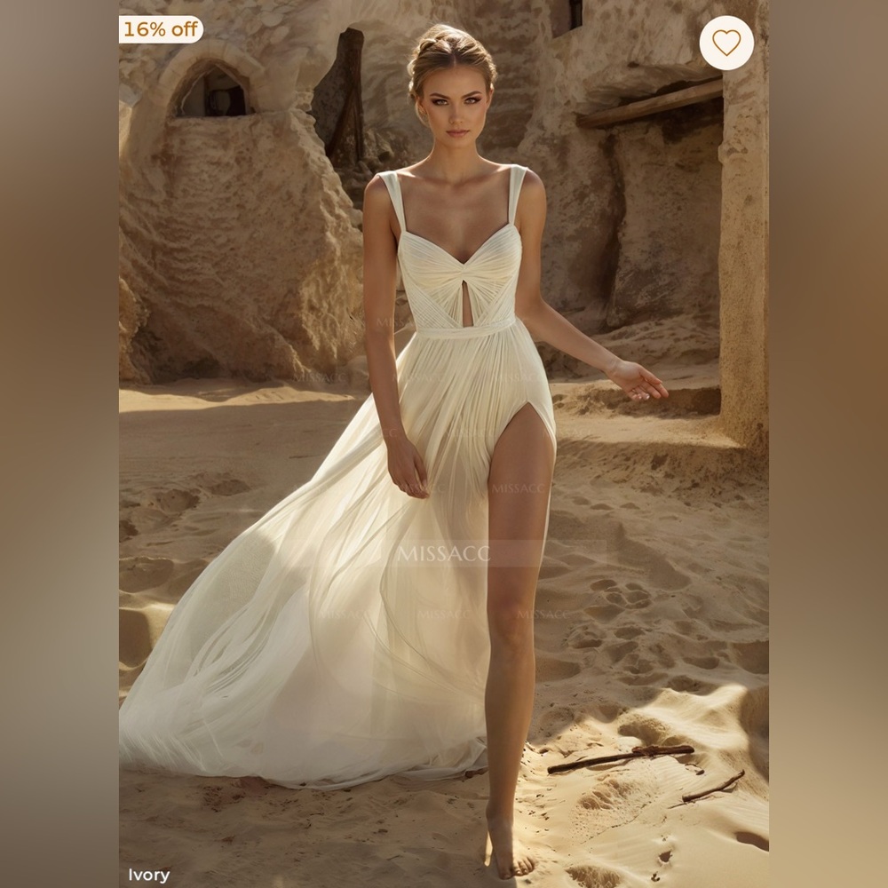 Backless Pleated Tulle Wedding Dress w/ slit